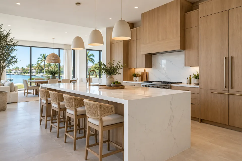 Completed kitchen with white quartz countertops and oak cabinetry