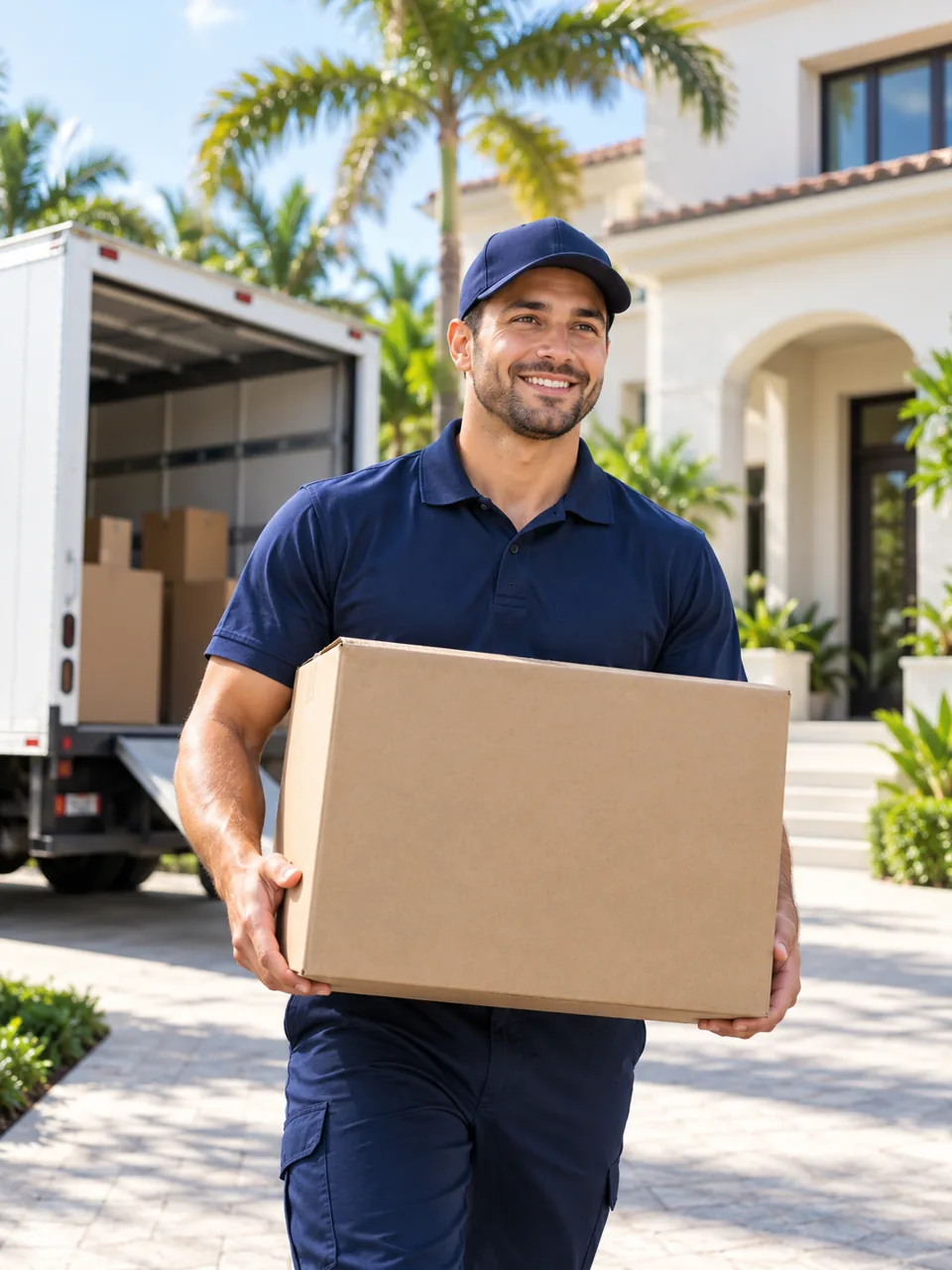 Professional mover carrying a box outside a home