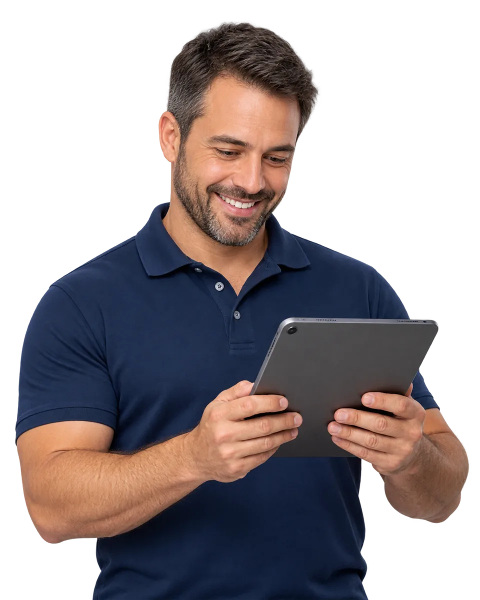 Moving company owner smiling as he reviews his tablet
